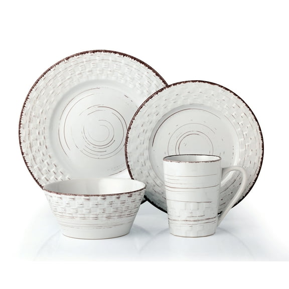 Stylish and Elegant 16 Piece Stoneware Dinnerware Service Set for 4 People - Distressed Weave, White