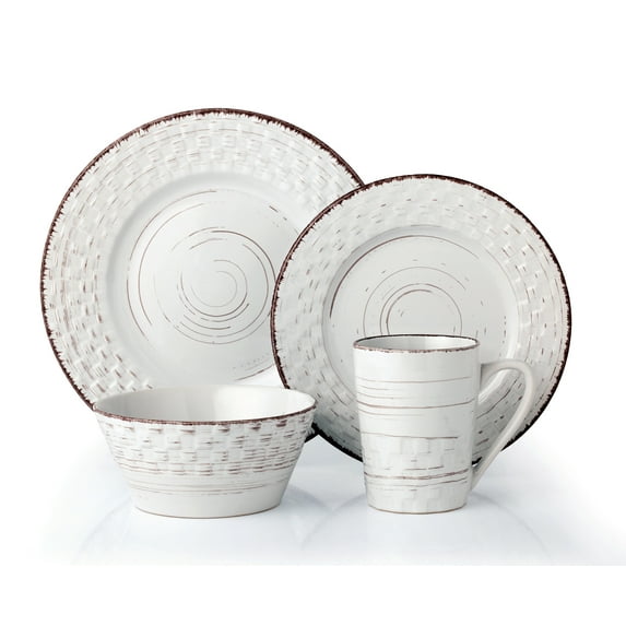 Stylish and Elegant 16 Piece Stoneware Dinnerware Service Set for 4 People - Distressed Weave, White