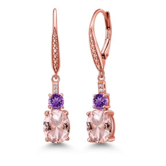 Gem Stone King 18K Rose Gold Plated Silver Peach Nano Morganite and Purple Amethyst Dangle Earrings for Women with Lab Grown Diamond (4.53 Cttw, Oval 9X7MM)