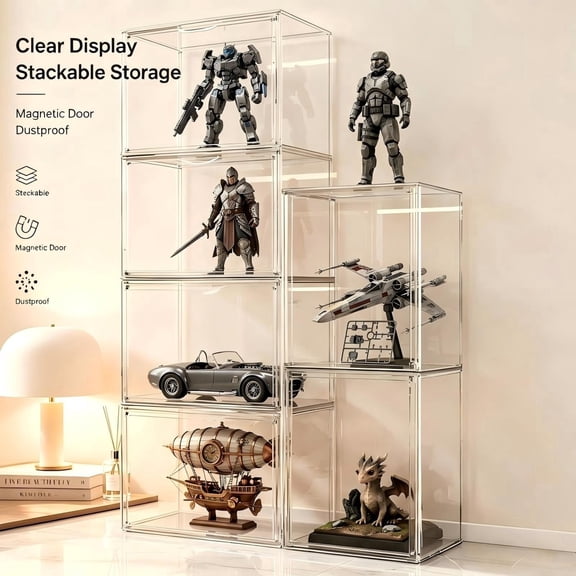 3pcs Clear Storage Bins with Lids, Stackable Interlock Clear Storage boxes, Magnetic Lid Anti-Yellow PET Display cases 14.17×8.66×10.61in for Collectibles Sneakers Cosmetics Handbags,clearance