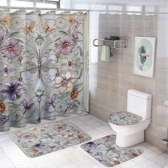 Glass Window Style Dragonflies And Butterflies Shower Curtain Sets with Rugs 4 Piece Bath Mat U-Shaped Floor Mat Toilet Lid Oval Rug Vintage French Dragonfly Country Style Durable And Waterproof