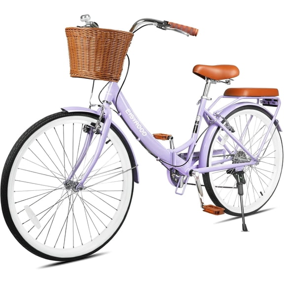 Chantmo 26 inch Folding Beach Cruiser Bike 7 Speed City Commuting with Basket Rack for Women Adults Purple