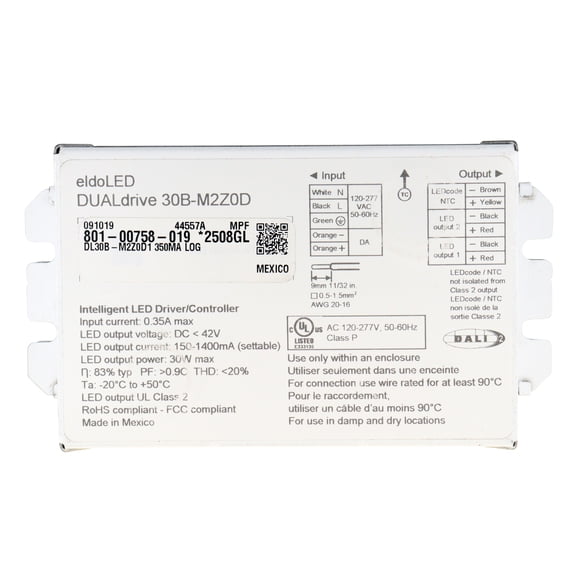 EldoLED DUALdrive-30B-M2Z0D Intelligent LED Driver/Controller, 42Vdc, 150-1400mA, DALI, 120-277V