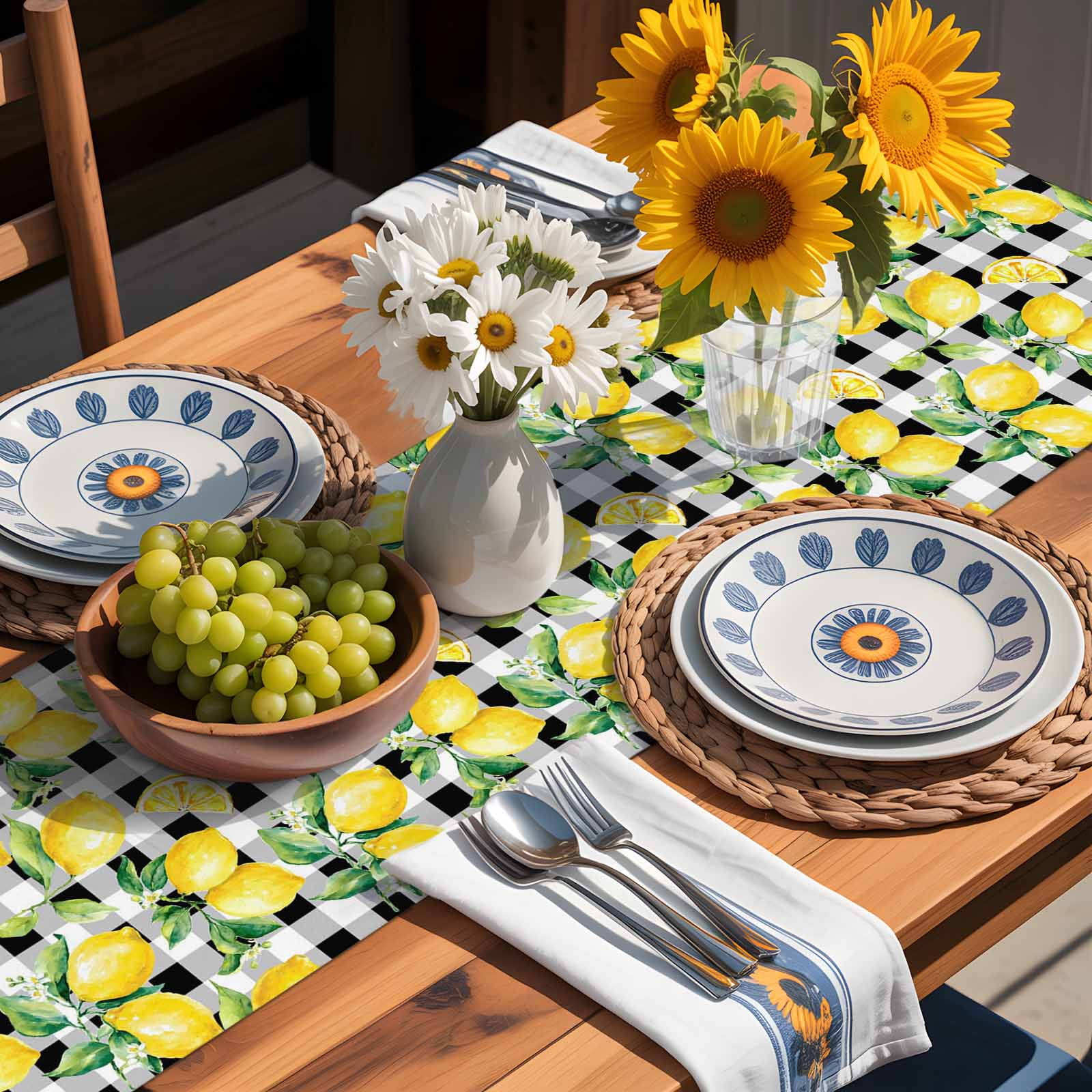 Summer Lemon Fruit Farm Harvest Table Runner 90 Inches Long, Black White Buffalo Plaid Table Runners Tabletop Scarf Kitchen Dining Tables Decoration for Home Party Indoor Outdoor