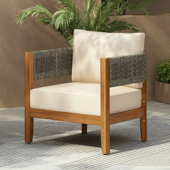 Christopher Knight Home Outdoor Wood Tub Chair with Woven Rope Armrest, Beige Cushion, Teak Finish