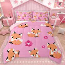 Homewish Kawaii Fox Lover Queen Comforter Set for Kids, Pink Blossoms Flower Floral Bedding Sets, Cute Cartoon Animal Reversible Bedding Comforter Set, Luxury Bedroom Decor, 3-Piece