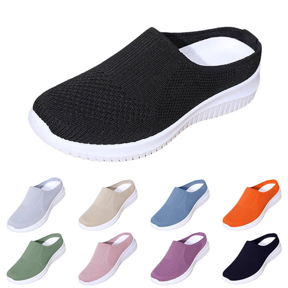 YYYMEIII Backless Sneakers Women's Spring and Summer New Fly Weaving Hollow Colorblocking Upper Metal Chain Slope Heel Casual Shoes 42 Black