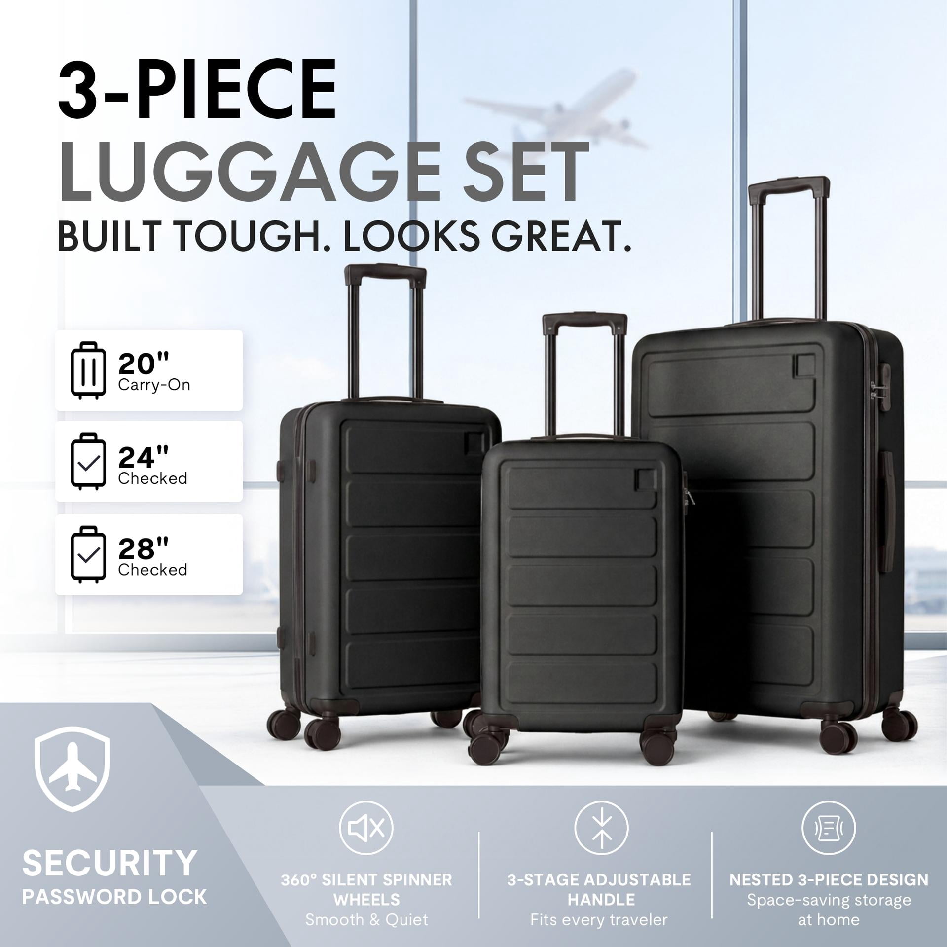 3-Piece ABS Hardshell Luggage Set, Lightweight Durable Suitcases with 4 Silent Spinner Wheels and Combination Lock, 20/24/28 Inch, Black