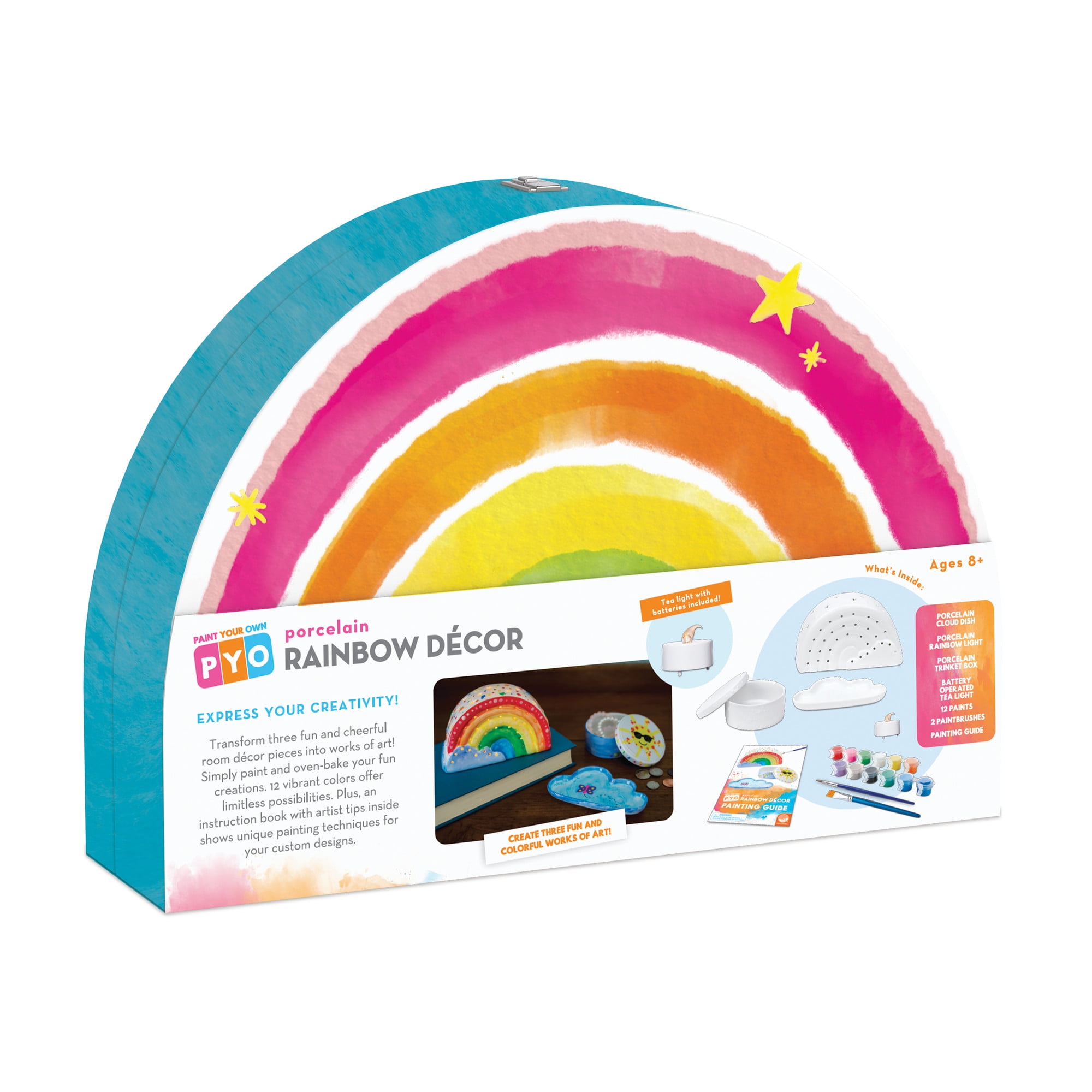 MindWare Paint Your Own Porcelain: Rainbow Décor Set with Tea Light, 12 Paints & 2 Brushes, Creative Pottery Crafts & Gift Kits for Kids Ages 8 and Up