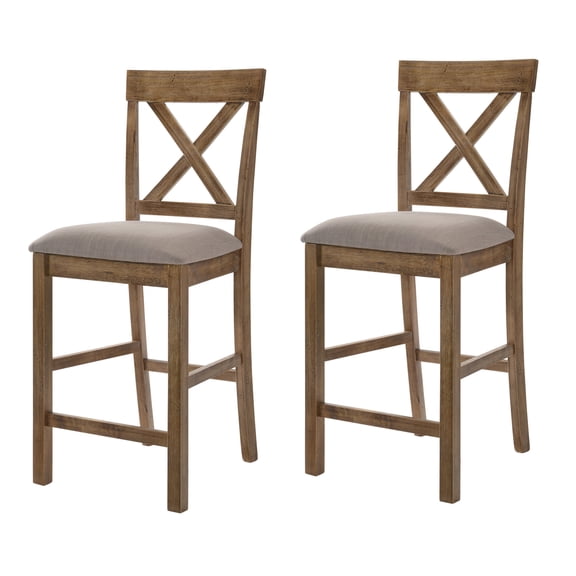 Dining Chairs Tan and Weathered Oak Counter Height Stools with Cross Back (Set of 2),Wooden Dining Chairs