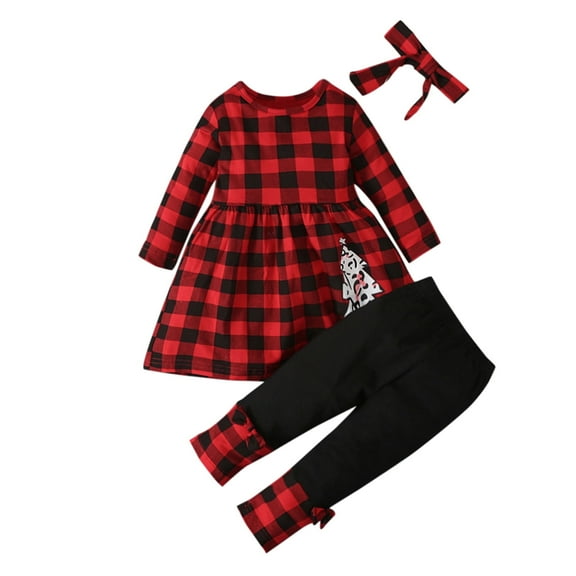 Mercatoo Toddler Baby Girls Plaid Clothes Set Tunic Shirt Dress Pants Christmas Outfit Clothing Kids Girls Xmas Clothes Set