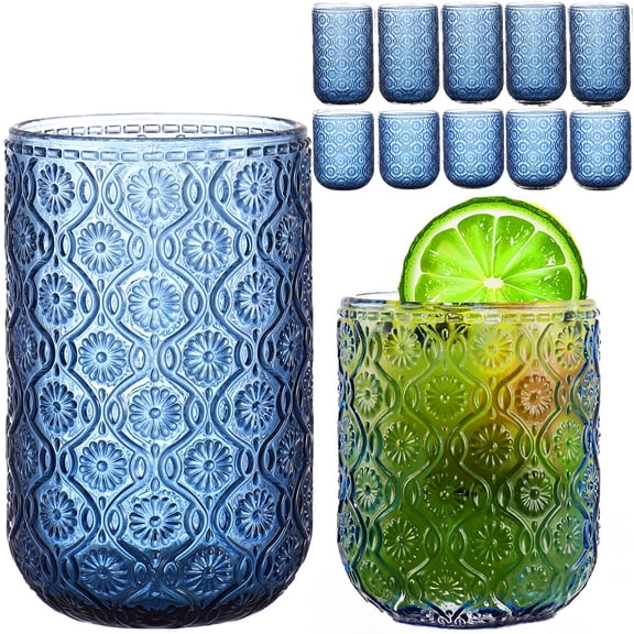 Blue Drinking Glasses Set of 12, 12 Oz Highball & 10 Oz Cocktail Glasses, Blue Kitchen Vintage Glassware Set, Floral Embossed Glass Tumbler Cups for Water, Beer, Juice, Whiskey, Coffee