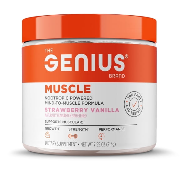 The Genius Brand Genius Muscle - Muscle Health Supplement for Growth, Endurance & Recovery - Non-Hormonal Formula - 6 Organic Mushrooms - Naturally-Sweetened - 30 Servings - Strawberry Vanilla