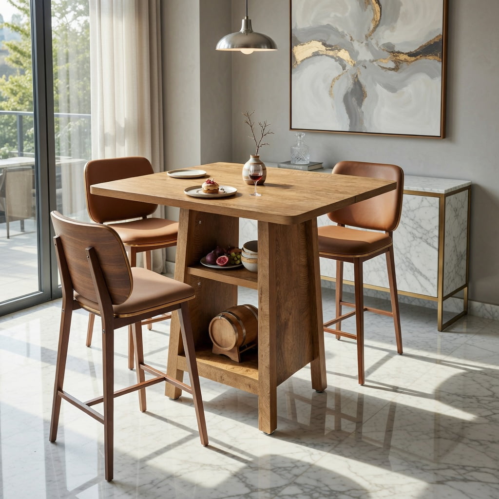 Hommoo Modern Square Bar Table with 3-Tier Open Shelving, for Kitchen, Living Room or Apartment Dining, Walnut