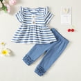 thumbnail image 3 of 9 Months Baby Girls Clothes 12 Months Girls 2PCS Outfits Set Crew Neckline Infant Girls Short Sleeve Stripe Top Pants Set Blue, 3 of 6