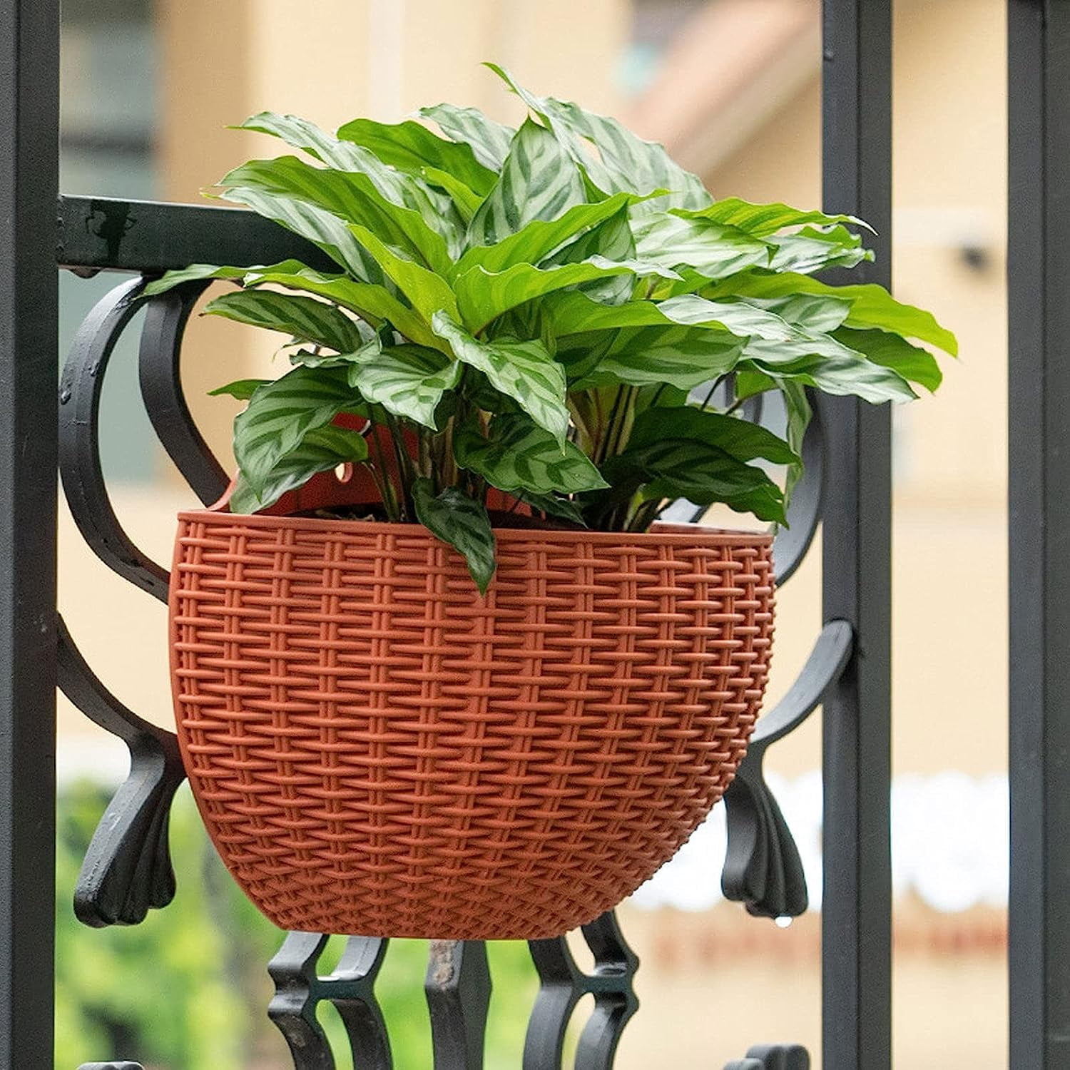 Gixusil 2 Pcs Imitation Rattan Wall Hanging Flower Pot,Semicircle Hanging Planters Outdoor with Drainage Hole and Hooks, Plastic Garden Hanging Basket for Balcony Fence ((Black)