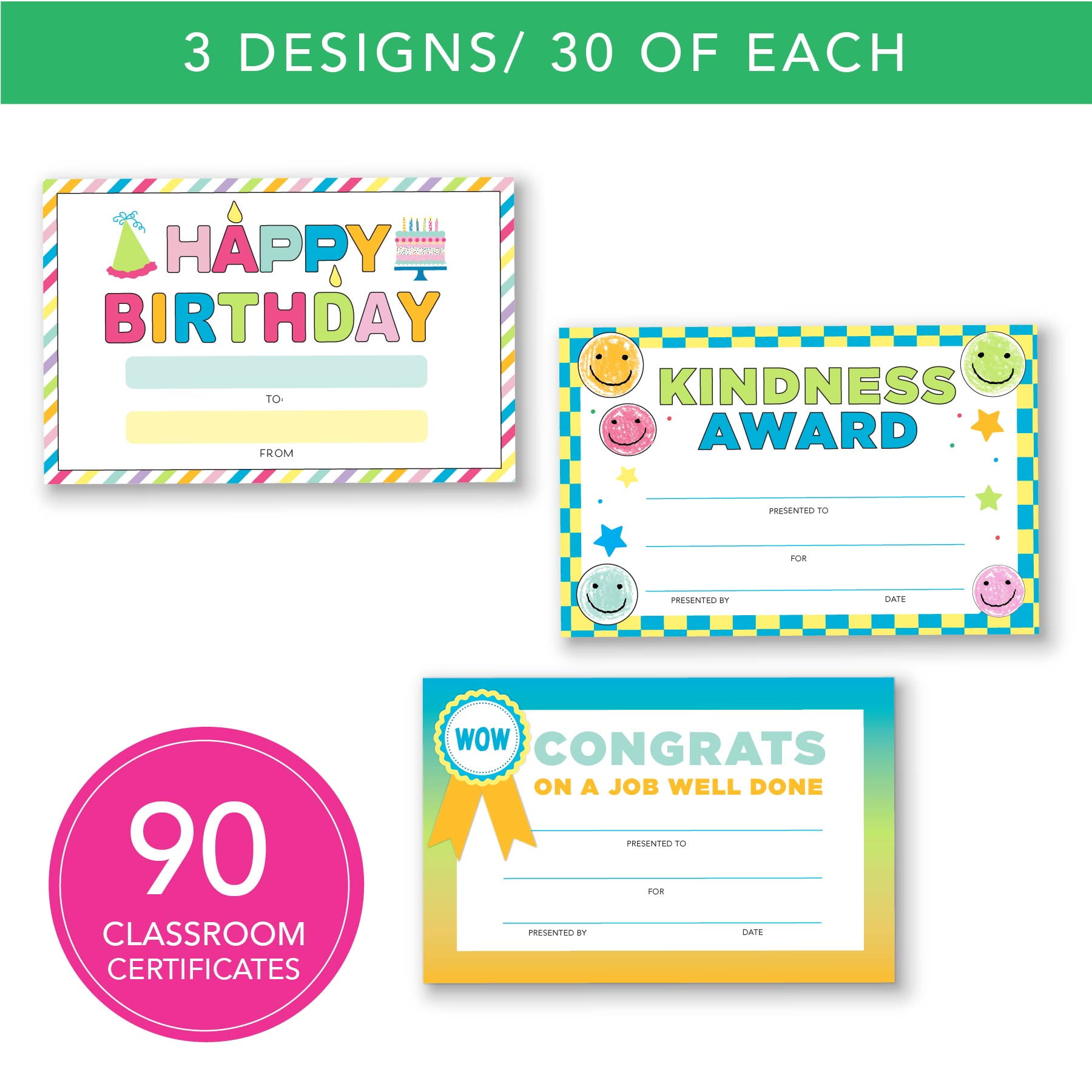 (6 pack) Congrats and Kindness Classroom Awards, Star and Smiley Birthday, 8.5” x 5.5”, 90 Count
