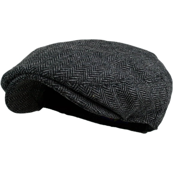 Men Vintage Herringbone Tweed Wool Blend Newsboy Ivy Hat Flat Cap Large X Large Charcoal