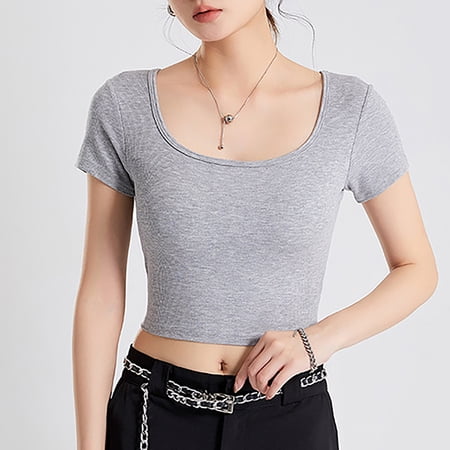 SNKSDGM Graphic Tees for Women Vintage Threaded Square Necked Navel T Shirt with Chest Pad Ladies  Bottoming Shirt Bra Underwear with No Steel Ring Integrated Short Sleeved Shirt
