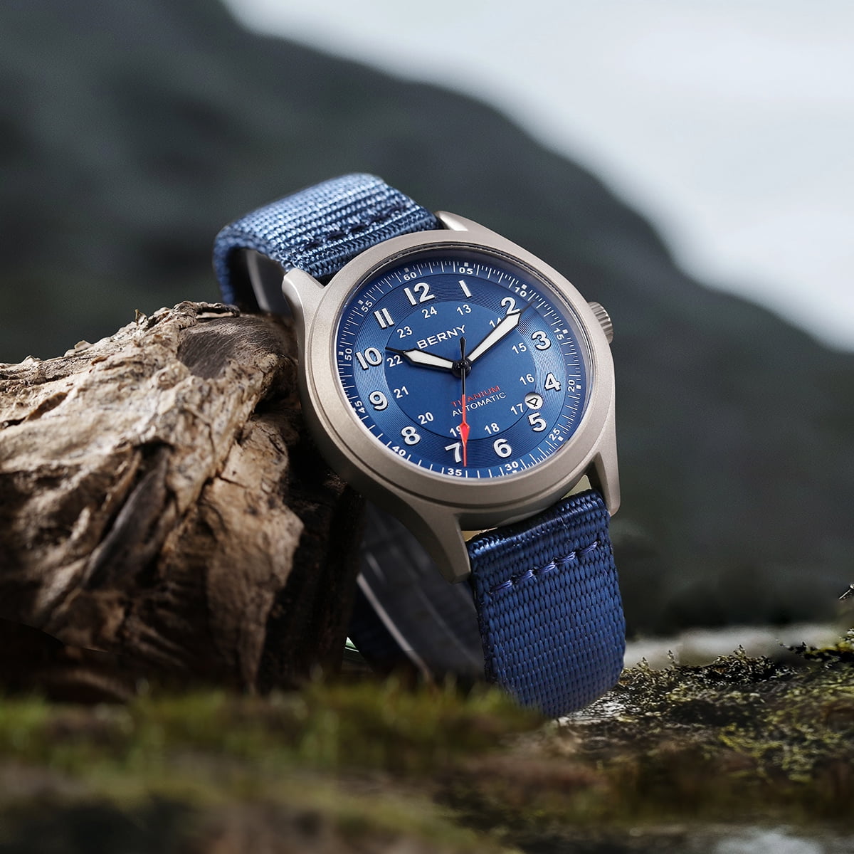 BERNY Automatic Watches for Men Military Sport Nylon Strap Titanium Field Watch with Date Sapphire Crystal Luminous Analog Mechanical Watch 100M Waterproof Army Tactical Casual Wristwatch (Blue)