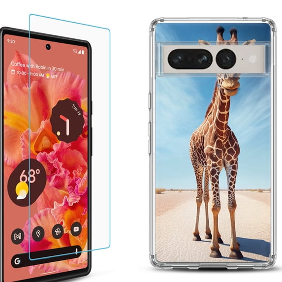 Shockproof Bumper Phone Case for Google Pixel 7, with Tempered Glass Screen Protector, by OneToughShield ® - Giraffe