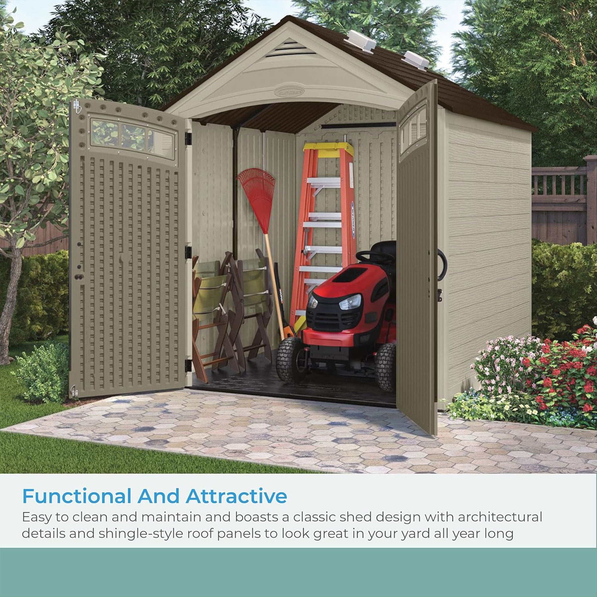 Suncast Vista 7 x 7 ft. Storage Shed for Gardening Tools, Light Cobblestone