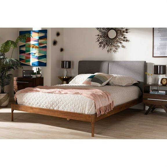 Baxton Studio Aveneil Mid-Century Modern Grey Fabric Upholstered Walnut Finished Full Size Platform Bed
