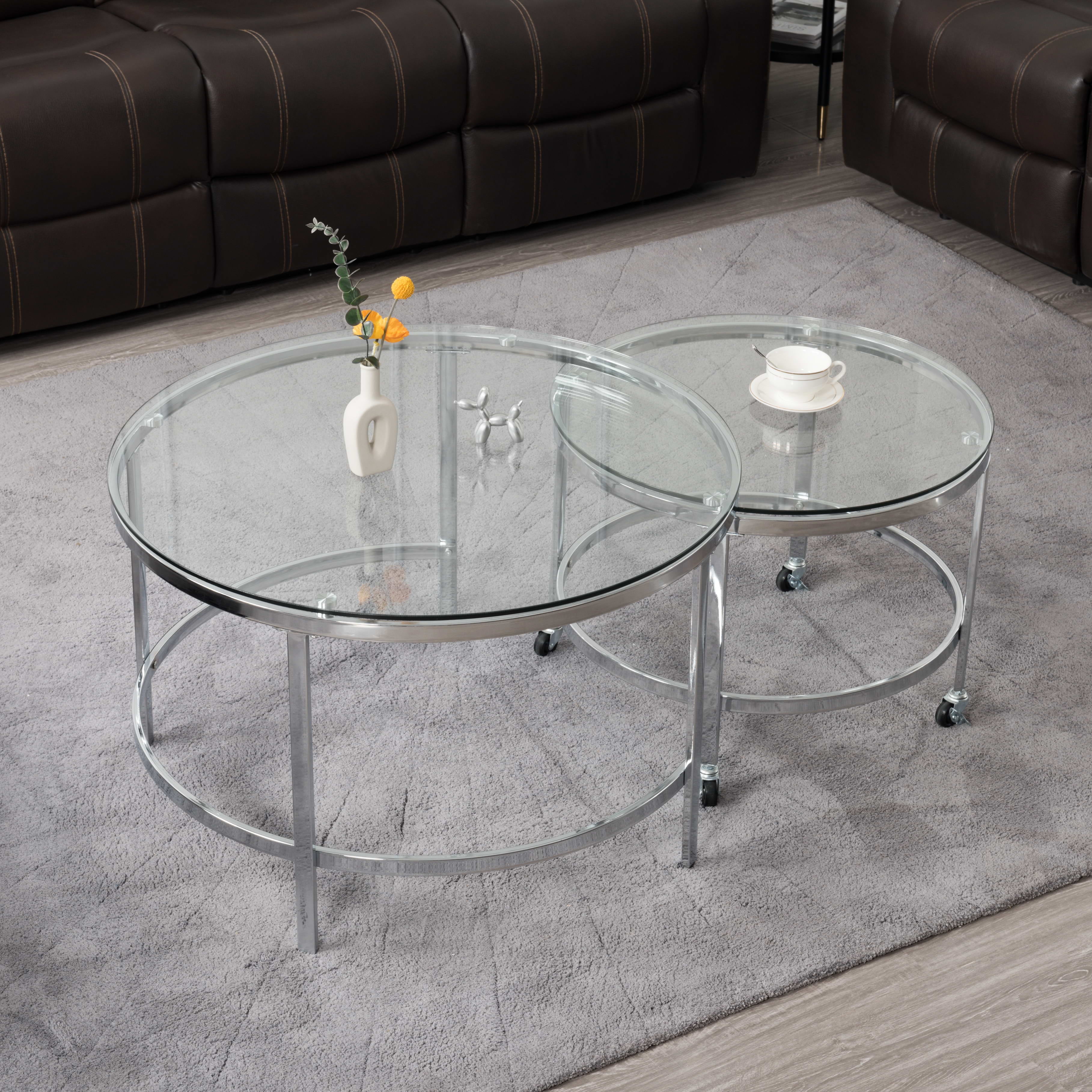 Modern Glass Nesting Table Set，Transparent / Sliver
