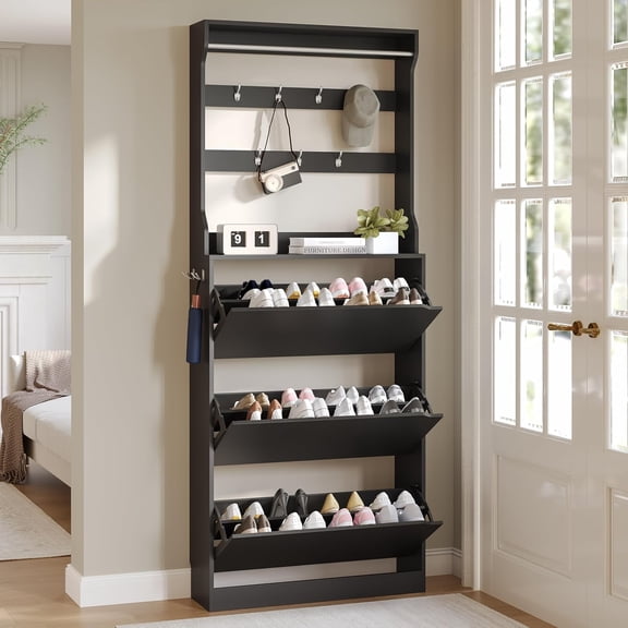 FANRAL Wooden Shoe Rack,3 Tiers Shoe Rack with Coat Rack,Shoe Organizer Storage with Hooks,Freestanding Shoe Shelf for Entryway,Hallway,Office,Black Shoe Cabinet