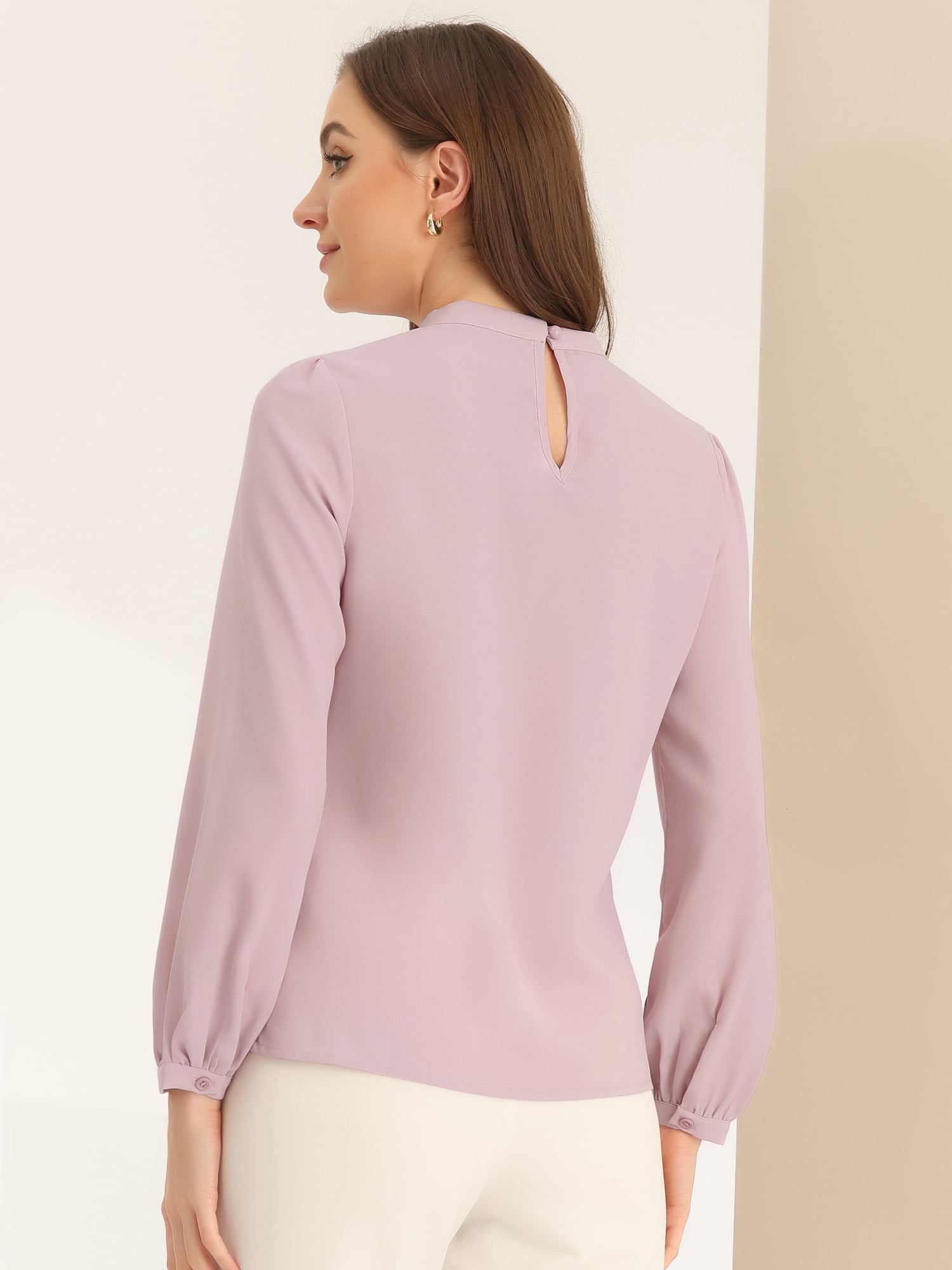 DARING DIVA Women's Work Office Mock Neck Long Sleeve Blouse M Pink