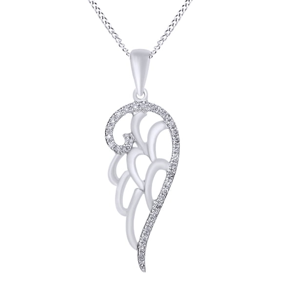 AFFY White Natural Diamond Charm Angel Wing Pendant Necklace In 14K White Gold Over Sterling Silver (0.09 Ct)