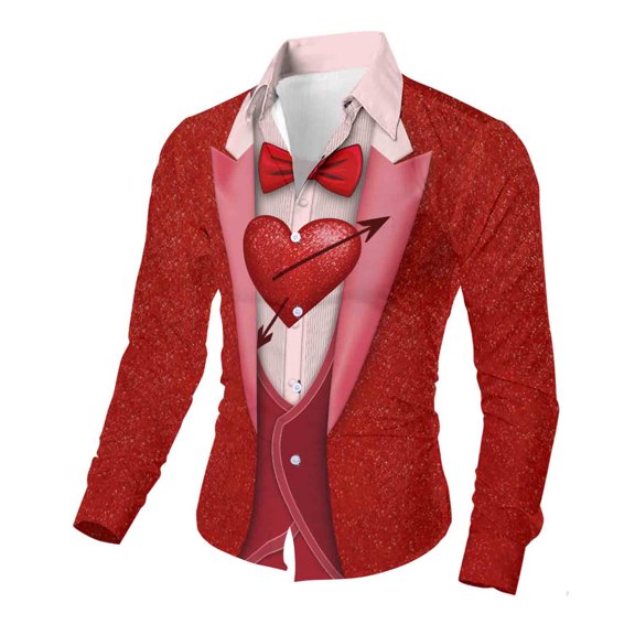 Cadancy Funny Valentines Day Shirt Men Long Sleeve Button Down Bow Tie Tuxedo Novel Printed Slim Fit Shirts Fake Blazer Holiday Vacation Party Tops