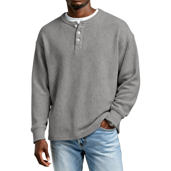Hearthz S-4XL Men Long Sleeve Shirts Henley Waffle Knit Mens Sweatshirt Casual Loose Athletic Warm Knitted Sweaters Pullover