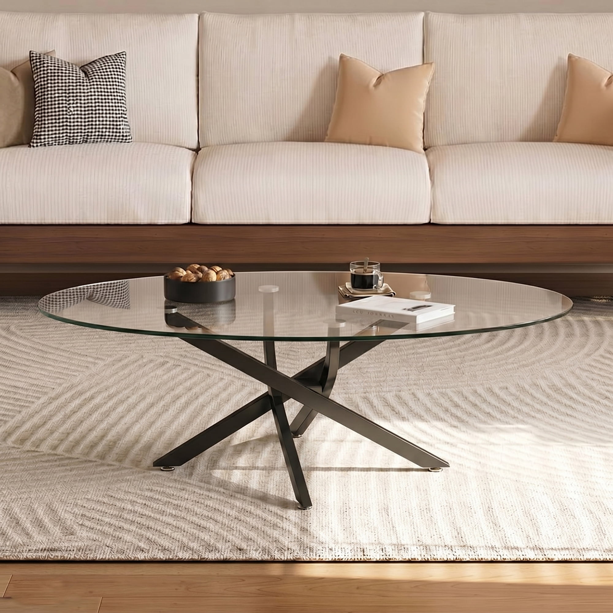 Oval Coffee Table with Tempered Glass Top and Black Metal Legs, Modern Side Table and Tea Table for Living Room, 39.37 Inch, Black
