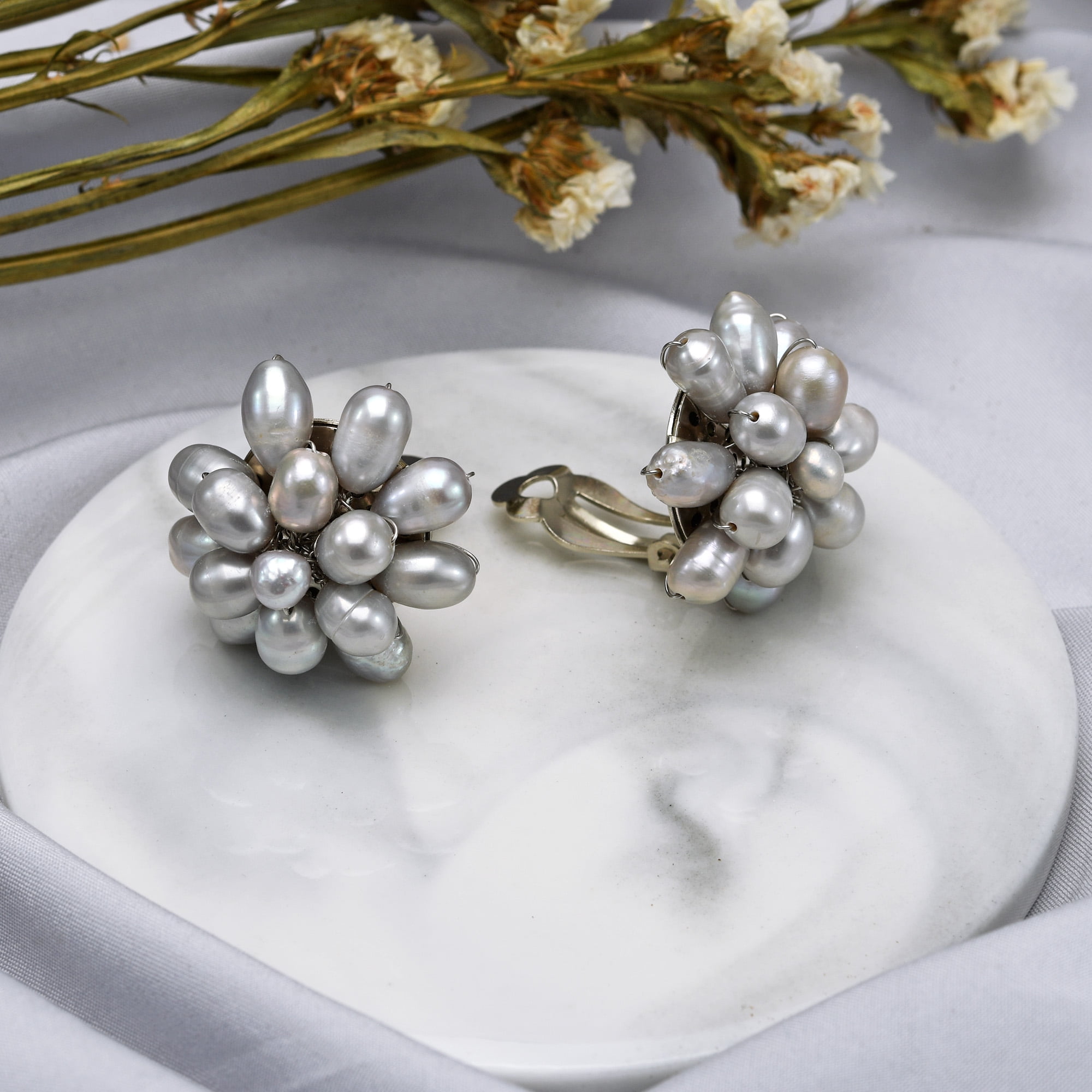 Classic Statement Pearl Bridal Floral Cluster Clip-on Non Pierced Earrings