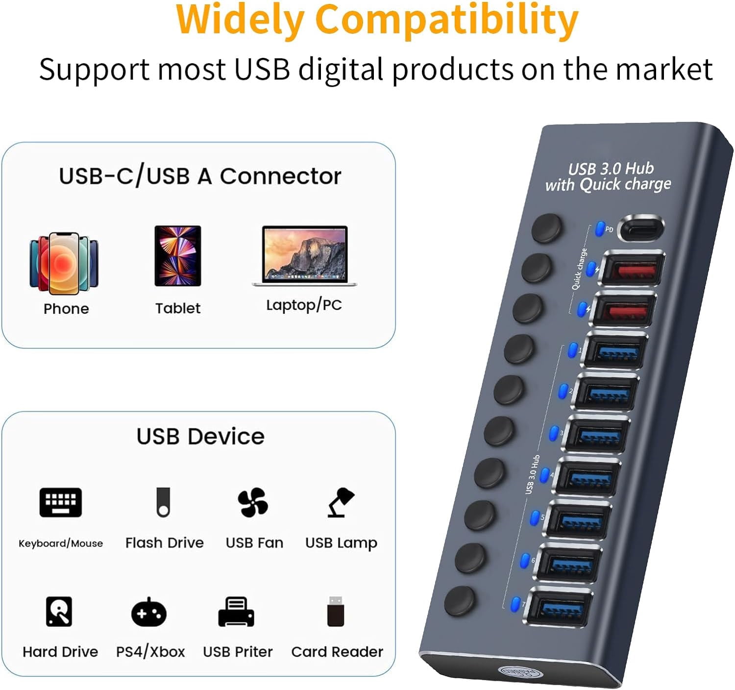 Aluminum Powered USB 3.0 Hub, 10-Port USB Hub Splitter (7 USB 3.0 Data Transmission Ports + 2 Smart Charging Ports + 1 PD Charging Port), with 60W (12V/5A) Power Adapter and Independent Switch