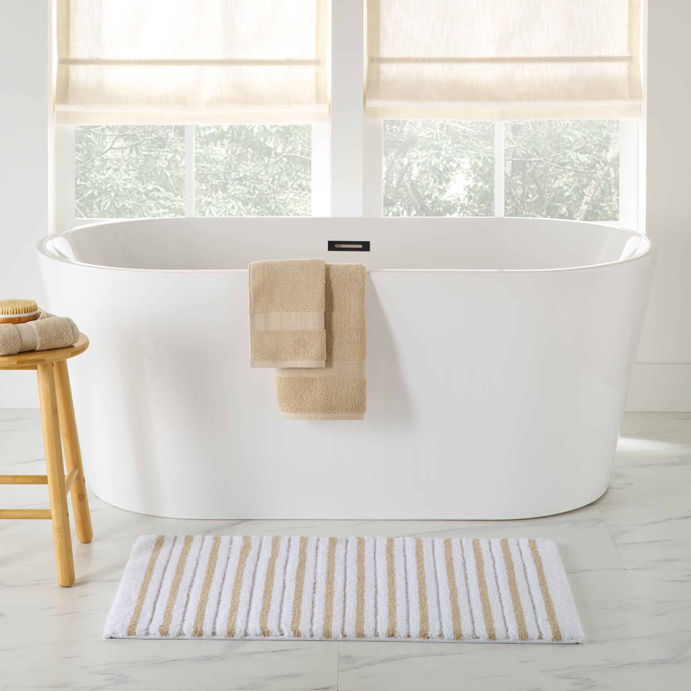 Better Homes & Gardens Signature Soft Tufted Stripe Bath Rug, Almond Biscuit & White, 20" x 34"