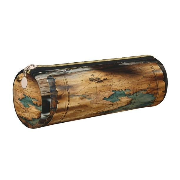Easygdp Antique Map Adventure Scene para Estuche de Lápices Cilíndrico de Cuero con Cremallera, Organizador de Lápices de Cuero para Escuela, Oficina y Viajes