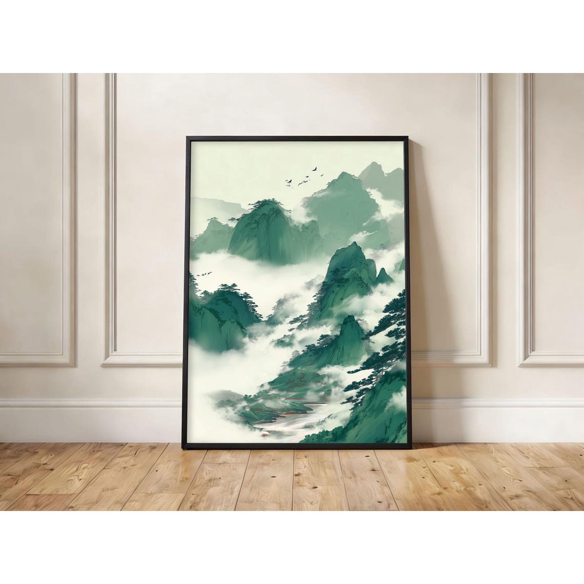 Misty Mountain Landscape Print Asian Nature Scenery Zen Birds Serene Wall Art Unframed Paper Print