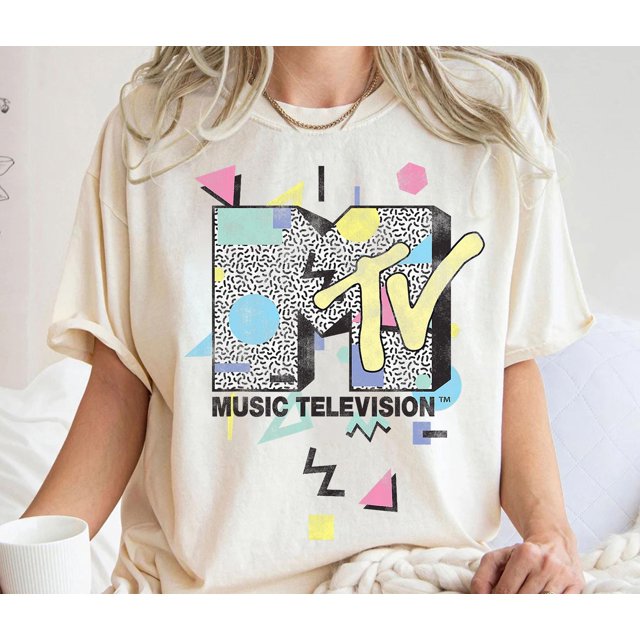 Music Television MTV Retro 90's Shape Design Logo Graphic Shirt, Classic MTV Logo Abstract - Ivory - M