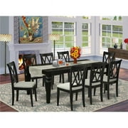 LGCL9-BLK-C 9Pc Dining Set Includes a Rectangle Dining Table with Butterfly Leaf and Eight Double X Back Linen Seat Kitchen Chairs, Black Finish