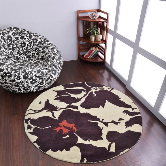 Rugsotic Carpets Hand Tufted Wool Eco-Friendly 6'x6' Area Rugs Round Cream Brown Floral Modern High Pile Thick Handmade Anti Skid Indoor Rug for Living Room, Bedroom K00506