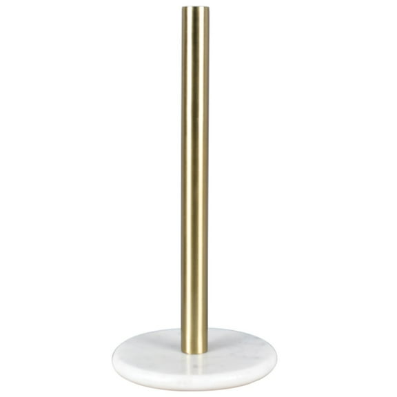Happimess Avery Metal with Non Slip Weighted Marble Base Paper Towel Holder, White/Gold