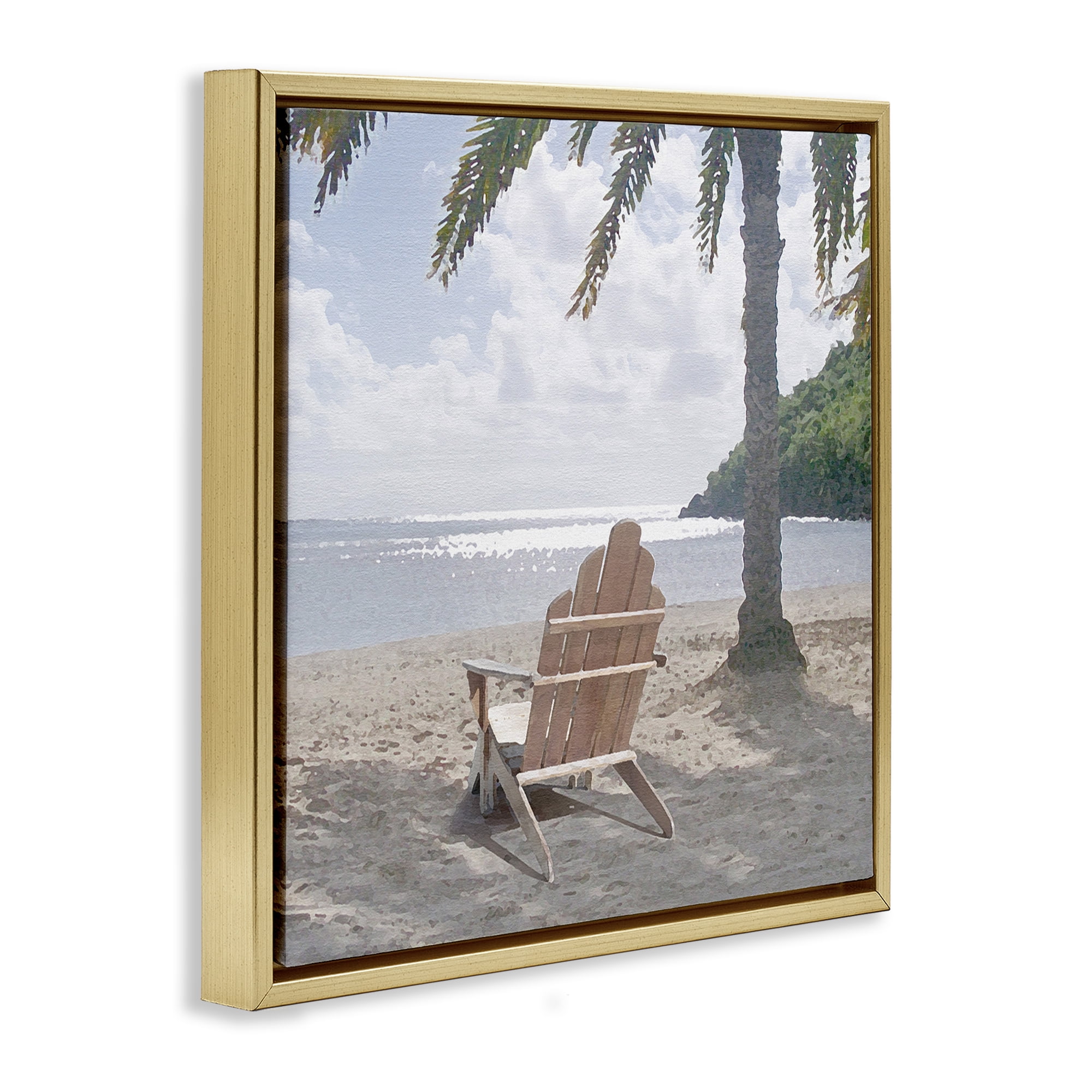 Stupell Industries Chair Under Palm Tree Coastal Photography Gold Floater Framed Canvas Art Print Wall Art, 25 x 25