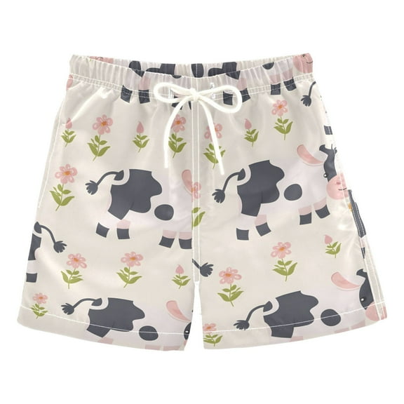 joogoo Boys Swim Trunks Cute Cartoon Cow Floral Beach Board Shorts Drawstring Swimsuit S
