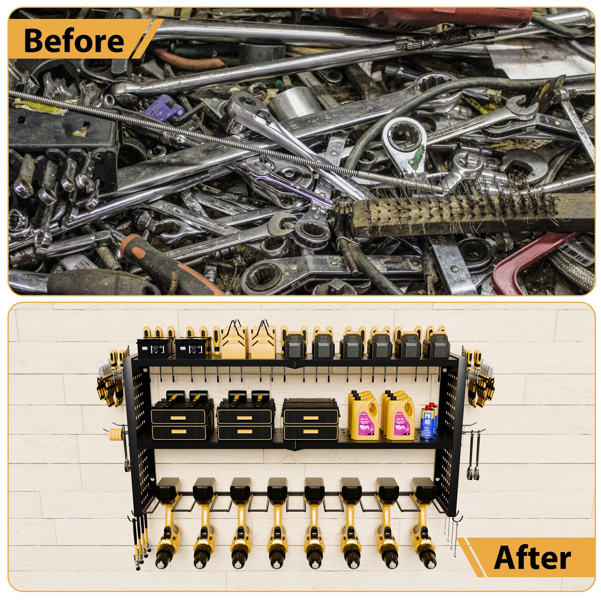YHGJ Wall Mount Power Tool Organizer 8 Drill Holder, 3 Layer Heavy Duty Metal Storage Rack Floating Tool Shelf with Pegboard, Garage Tool Organizer with Screwdriver/Plier/Hammer Holder
