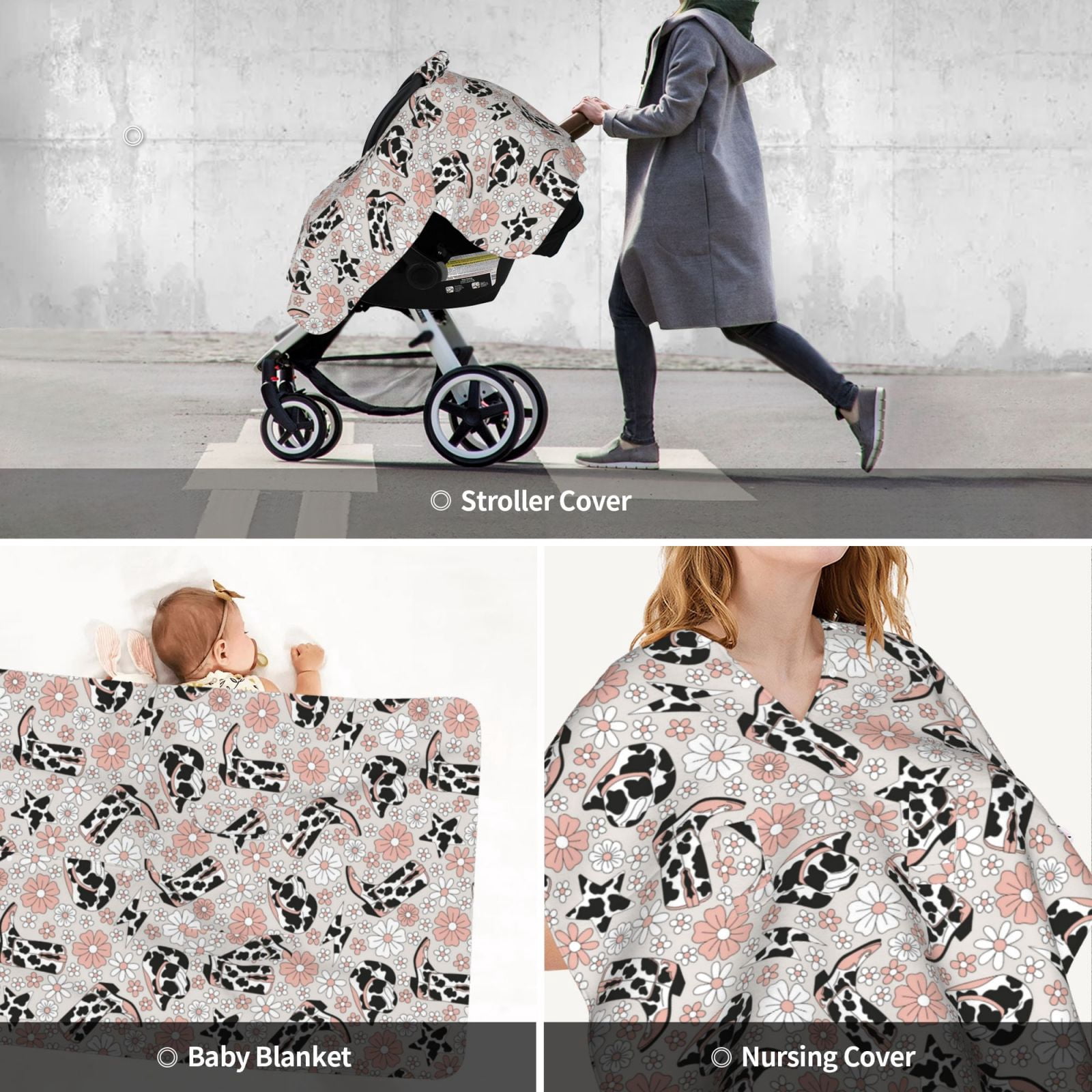 Car Seat Cover Baby - Cow Print Cowboy Hat Boots Flower Breathable Infant Car Seat Cover for Baby Carseat, Lightweight Comfort Baby Essentials Must Haves Newborn Stuff for Girl Boy