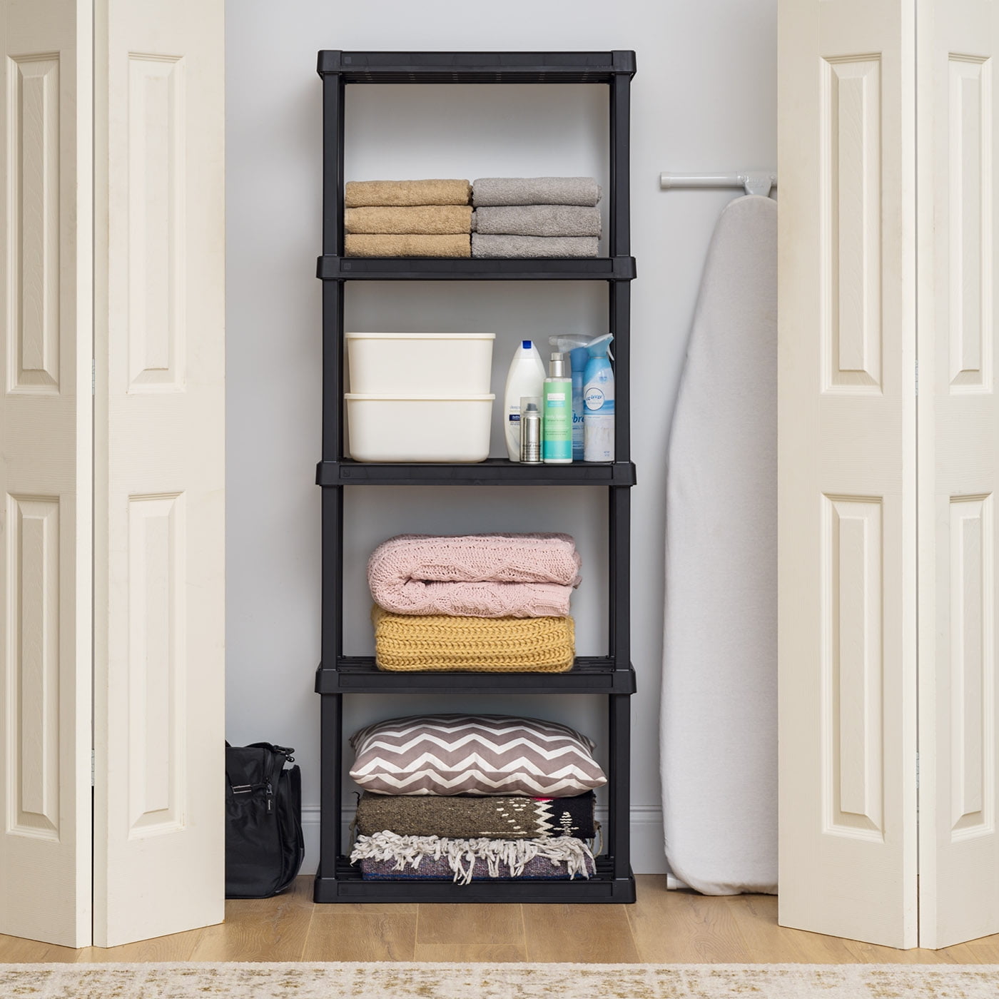 IRIS 5-Tier Plastic Storage Shelves, 63" H x 11" W x 23" D, 200 Lb Total Capacity, Black
