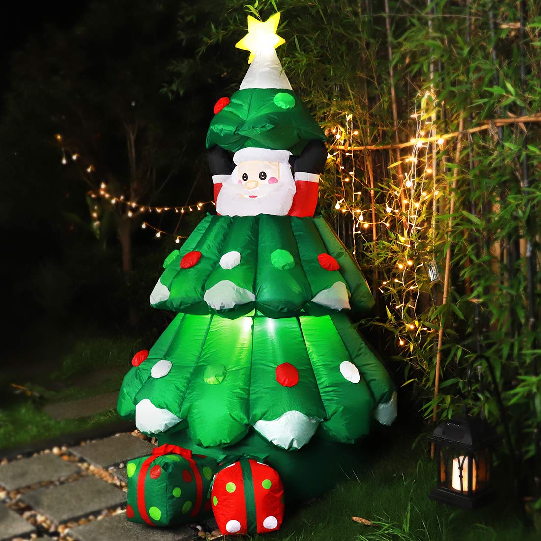 6ft Height Inflatable LED Lighted Christmas Tree with Pop up Santa and 2 Gift Boxes Blow up 