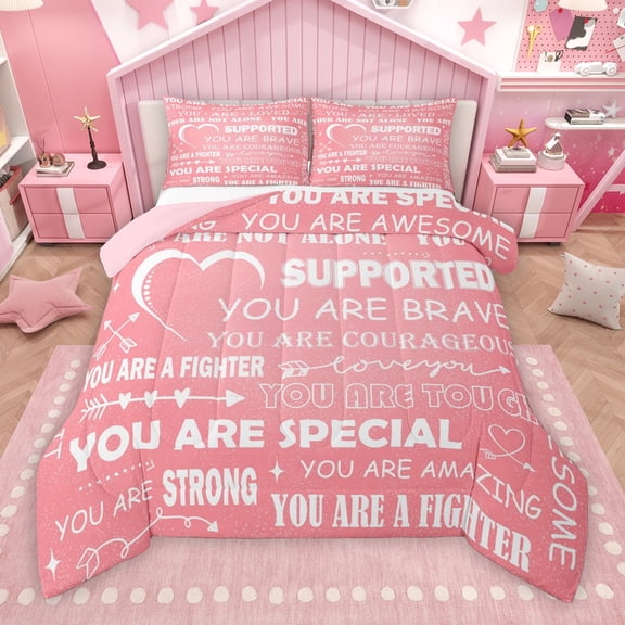 Manfei Pink Romantic Cartoon Bedding Comforter Set, Inspirational Words Twin Comforter Sets, Teens Kids Girls Female Reversible Bedding Set, Luxury Bedroom Decor, 2pcs